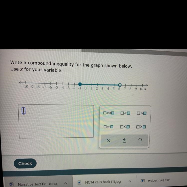 Write a compound inequality for the graph shown-example-1