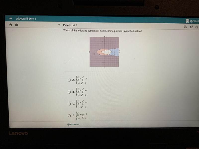 Which of the following systems of nonlinear inequalities is graphed below?-example-1