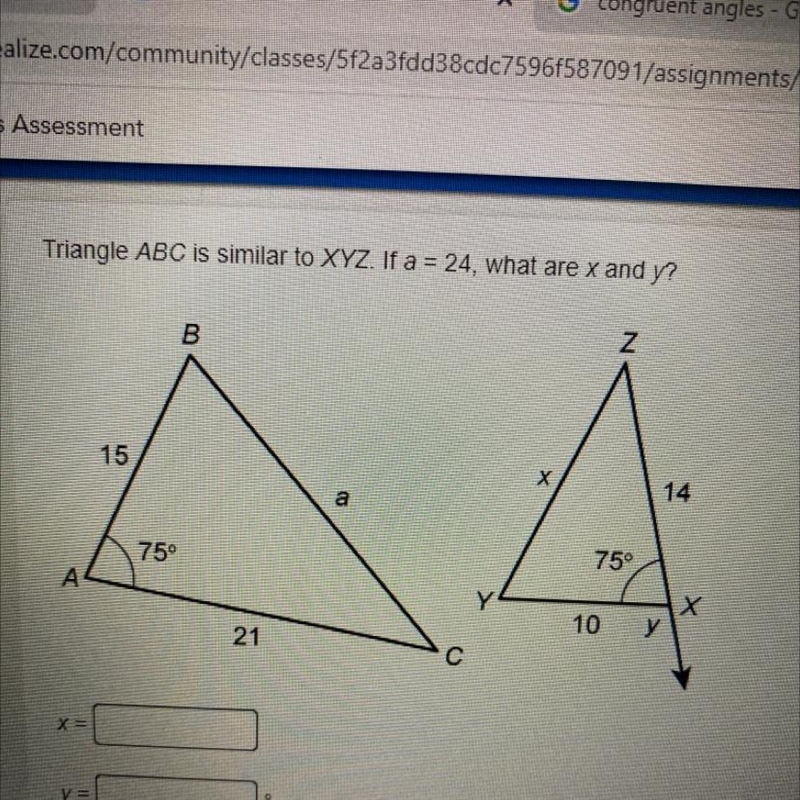 Triangle ABC is similar to XYZ. If a = 24, what are x and y?-example-1