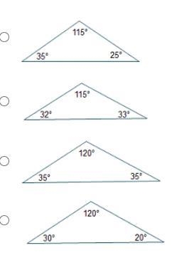 Which diagram shows possible angle measures of a triangle?-example-1