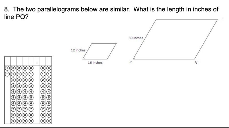 for 39 points The two parallelograms below are similar. What is the length in inches-example-1