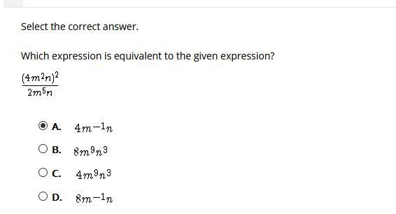 Which Expression is Equivalent to the given expression? (4m^2n)^2/2m^5n-example-1