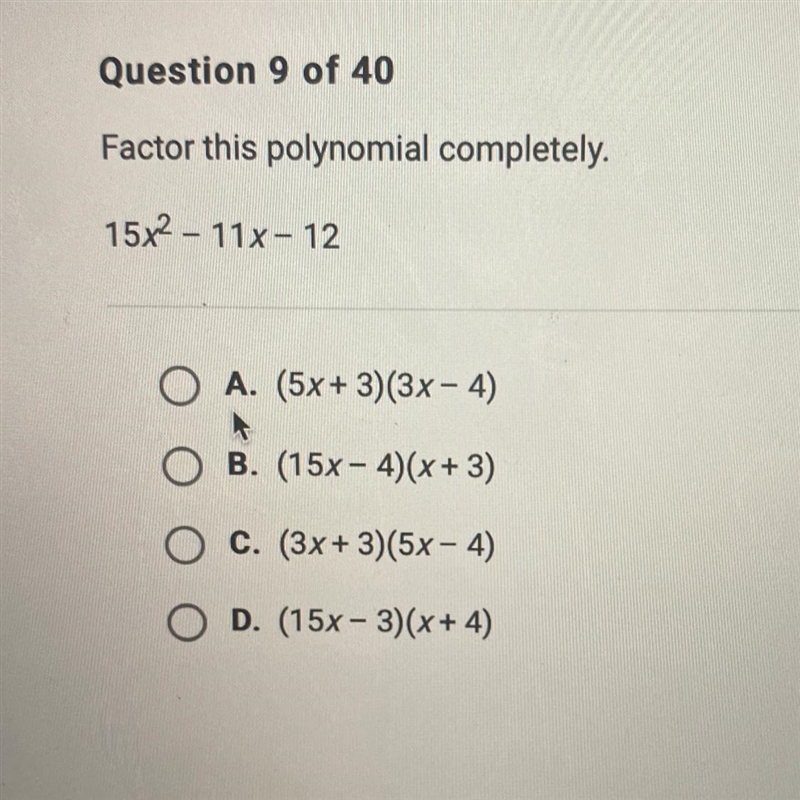 Factor this polynomial completely. 15x^2 - 11X - 12 Need help ASAP!!-example-1