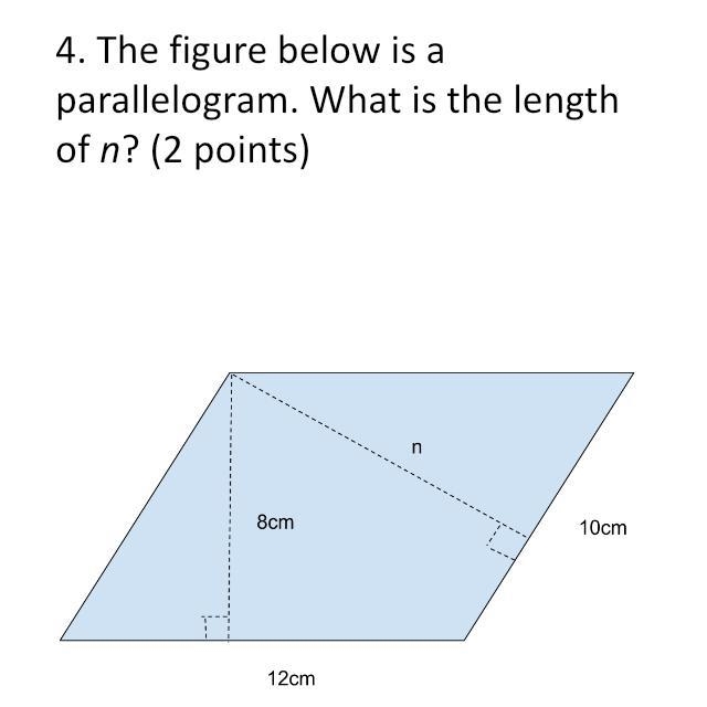 Pls help. The figure below (picture) is a parallelogram. What is the length of n?-example-1