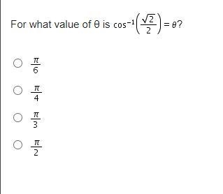 For what value of θ is Inverse of cosine (StartFraction StartRoot 2 EndRoot Over 2 EndFraction-example-1