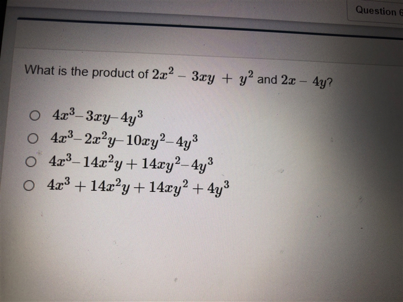 What is the product of 2x2 – 3xy + y2 and 2x – 4y?-example-1