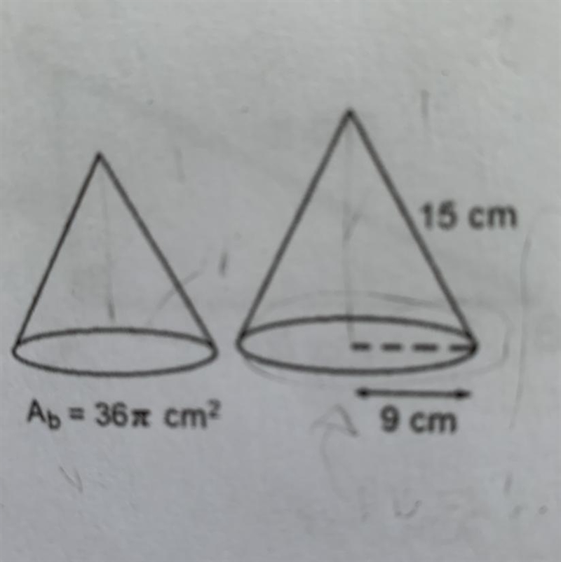 Here are two similar cones. The area of ​​the base of the small cone is equal to 36 t-example-1