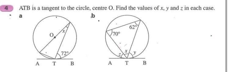 ATB is a tangent to the circle centre O. Find the values of x y and z in each case-example-1