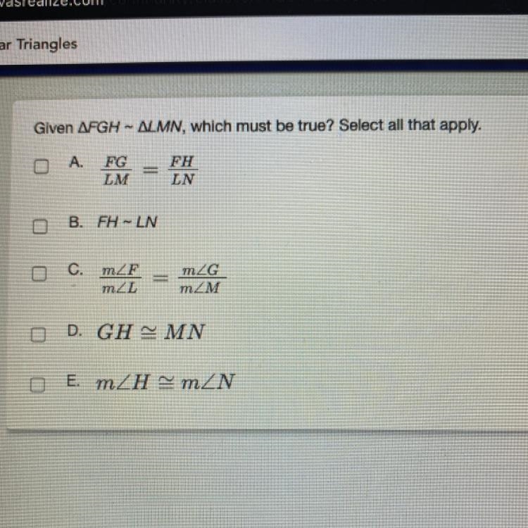 Given angle FGH - angle LMN, which must be true?-example-1