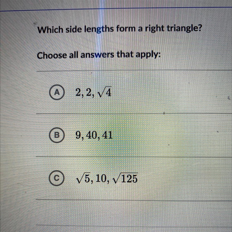 ￼ which side lengths form a right triangle￼-example-1