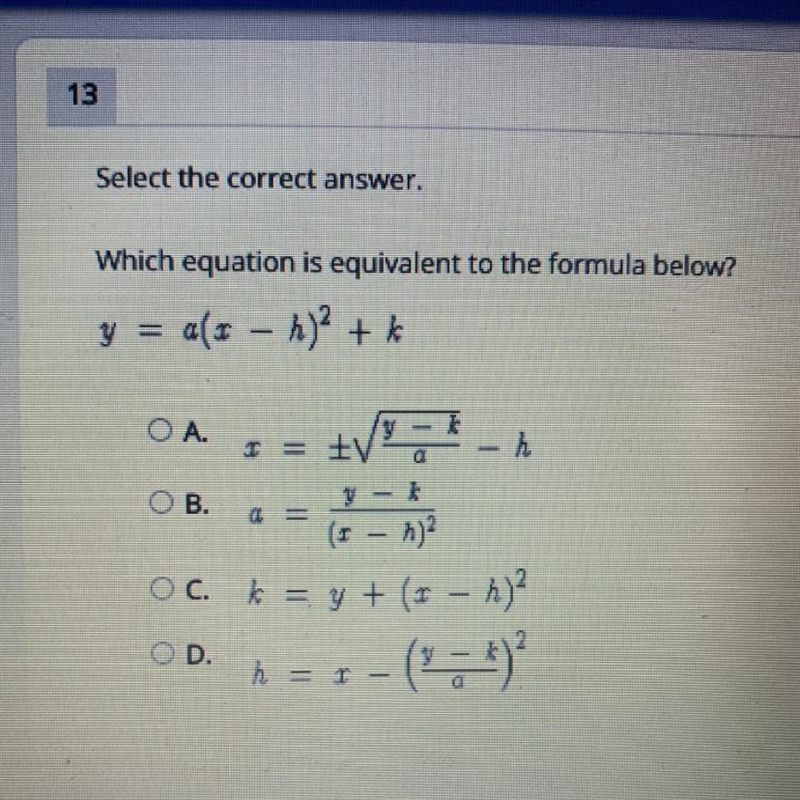 Please please help which equation is equivalent to the formula below?? y= a(x-h)2 +k-example-1