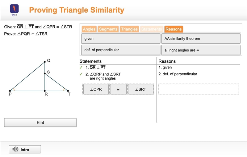 Geometry help? prove triangle PQR~ triangle TSR-example-1