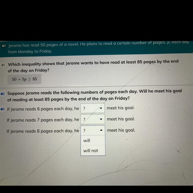 Suppose Jerome reads the following numbers of pages each day. Will he meet his goal-example-1