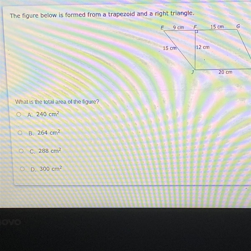 The figure below is formed from a trapezoid and a right triangle. E 9 cm F 15 cm G-example-1