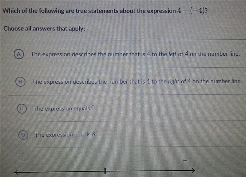 Which of the following are true statements about the expression 4 - (-4)?​-example-1