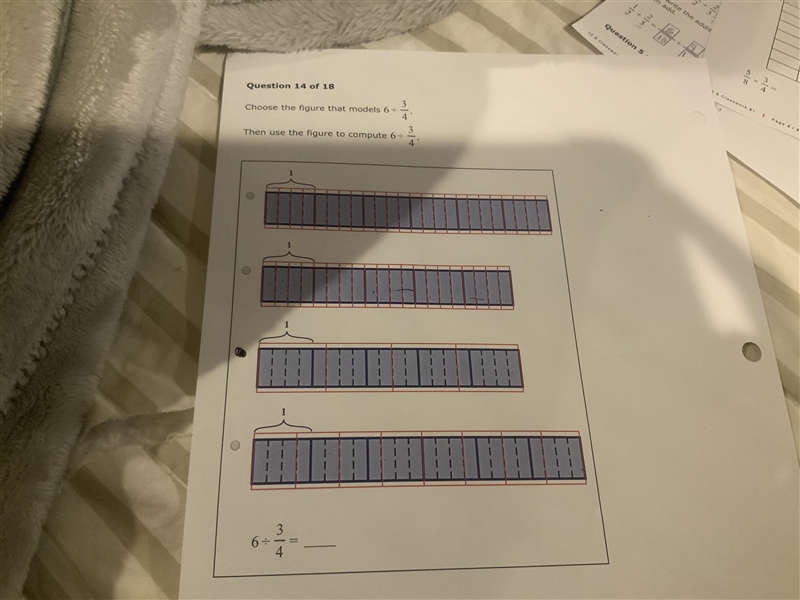 Choose the figure that models 6 divided by 3 over 4. Use the figure to compute 6 divided-example-1