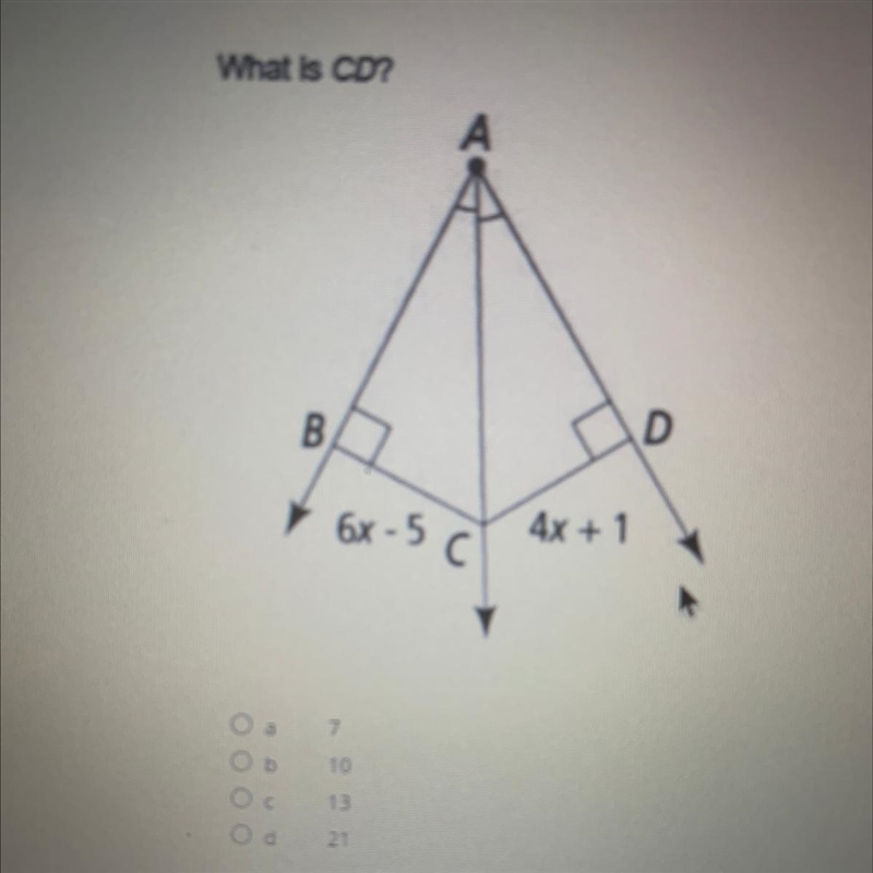 What is CD? A)7 B)10 C)13 D)21-example-1