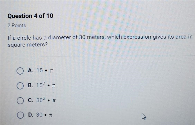 If a circle has a diameter of 30 meters, which expression gives its area in scuare-example-1