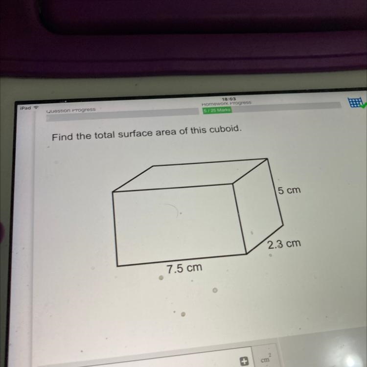 Find the total surface area of this cuboid. 5 cm 2.3 cm 7.5 cm If anyone gets it right-example-1