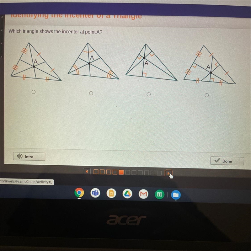 Which triangle shows the incenter at point A?-example-1