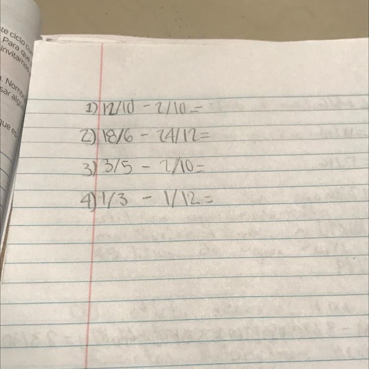 1) 12/10-2/10 = 2) 18/6- 24/12= 3) 3/5 - 1/10= 4) 1/3 - 1/12=-example-1