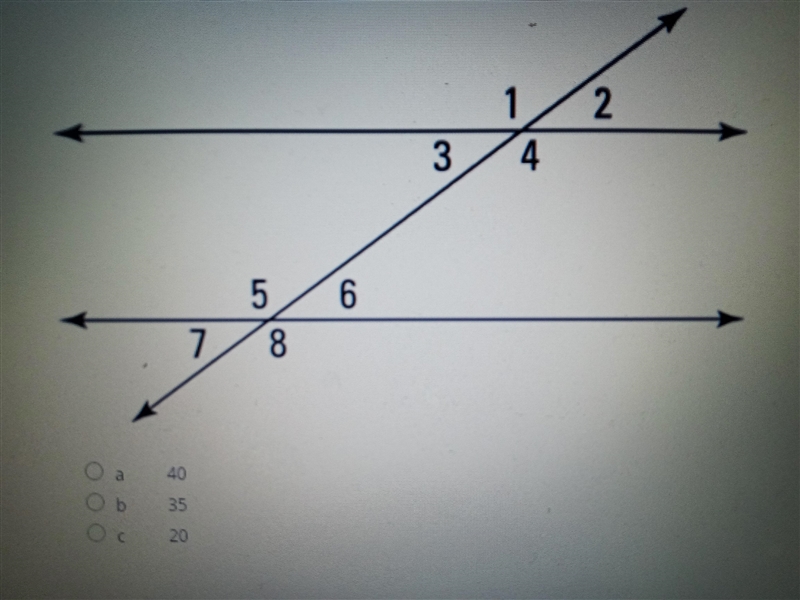 If the measurement of Angle 1 = 160 degrees, what is the measurement of Angle 2? A-example-1