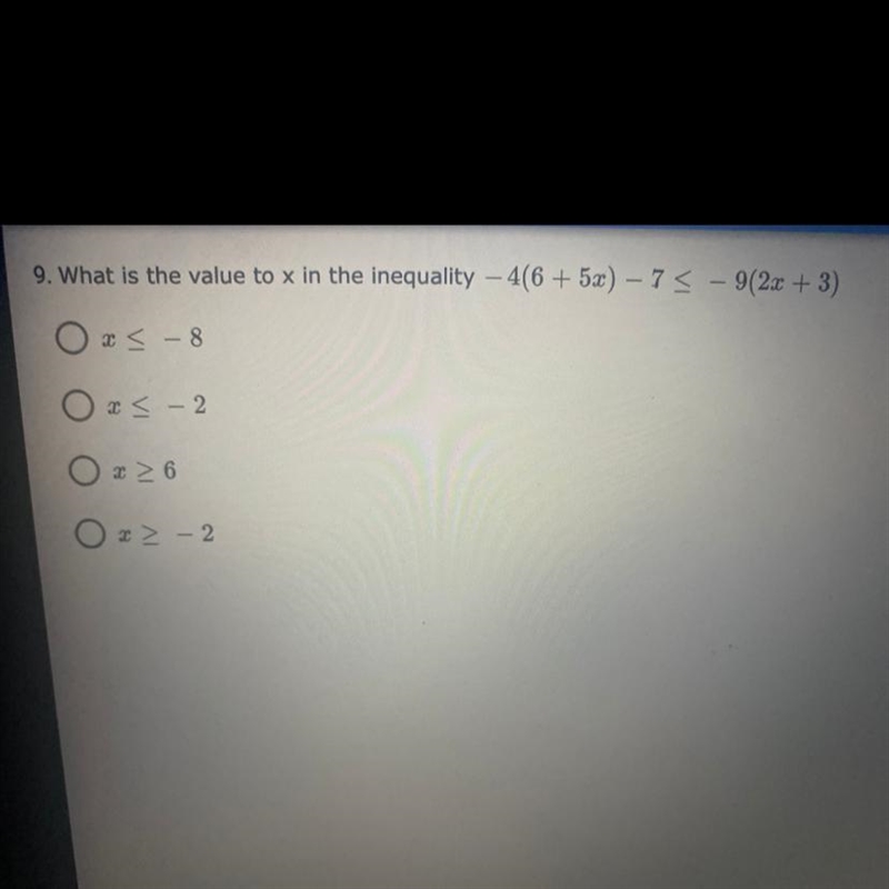 9. What is the value to x in the inequality -4(6 + 5x) - 7 < - 9(2x+ 3)-example-1