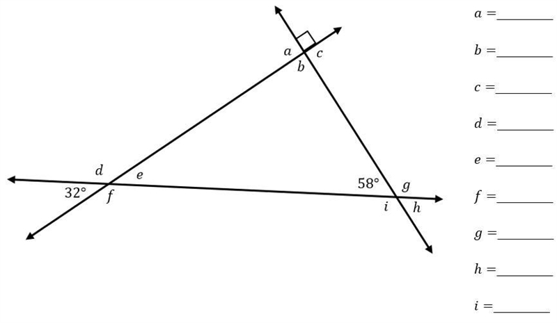 (30 points) find the measure of each lettered angle a= b= c= d= e= f= g= h= i=-example-1