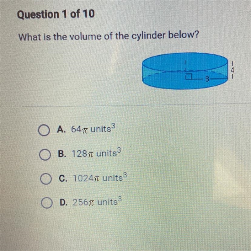 What is the volume of the cylinder below? O A. 6477 units 3 B. 1287 units 3 O c. 102471 units-example-1