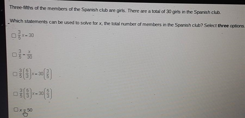 three-fifths of the members of the Spanish club are girls there are a total of 30 girls-example-1