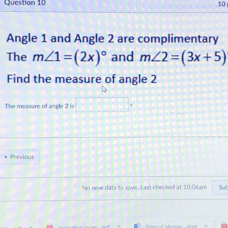 Please help Angle 1 and Angle 2 are complementary The m/_1=(2x) and m/_2=(3x+5) Find-example-1