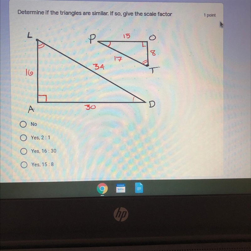 Determine if the triangles are similar. if so, give the scale factor-example-1