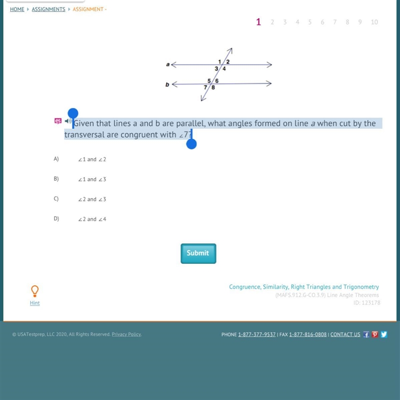 Given that lines a and b are parallel, what angles formed on line a when cut by the-example-1