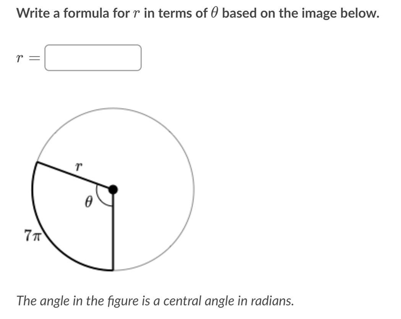 Write a formula for r in terms of θ based on the image below. The angle in the figure-example-1