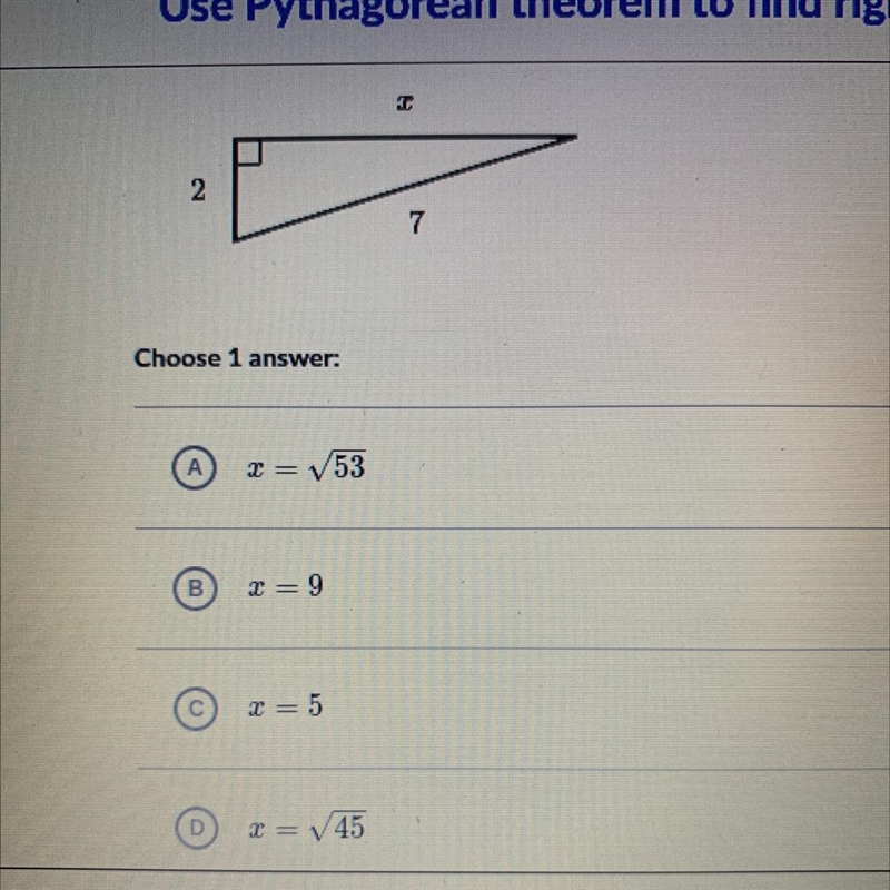 Find the value of x in the triangle shown below. Choose 1 answer:-example-1