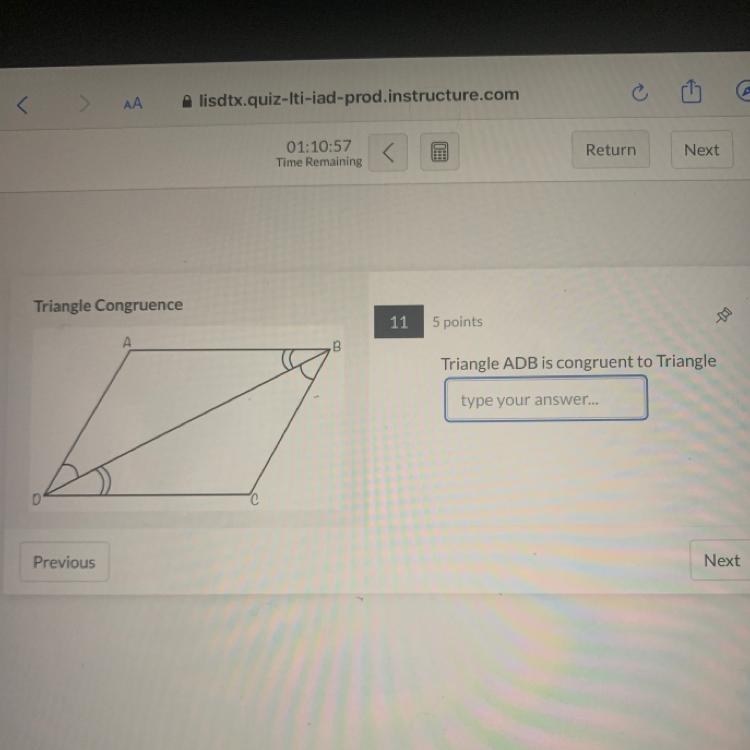 Triangle ADB is congruent to triangle ? Please HELP!!-example-1