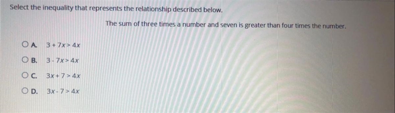 Select the inequality that represents the relationship described below. The sum of-example-1