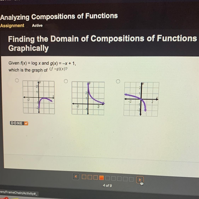 Given f(x) = log x and g(x) = -x + 1, which is the graph of (fog)(x)?-example-1