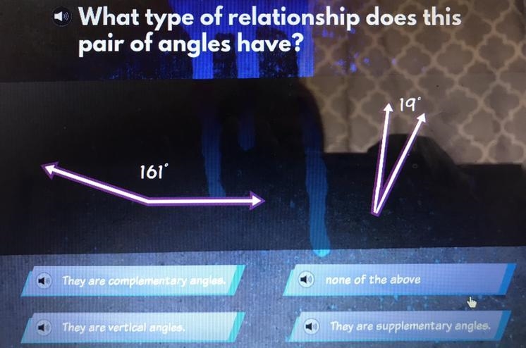 What type of relationship does this pair of angles have? BC 19° no 161° They are complementary-example-1