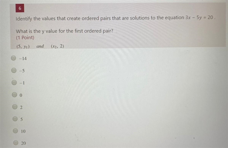 6 Identify the values that create ordered pairs that are solutions to the equation-example-1