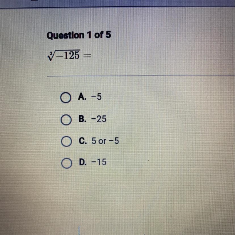 O A. -5 B. -25 C. 5 or -5 D. -15-example-1