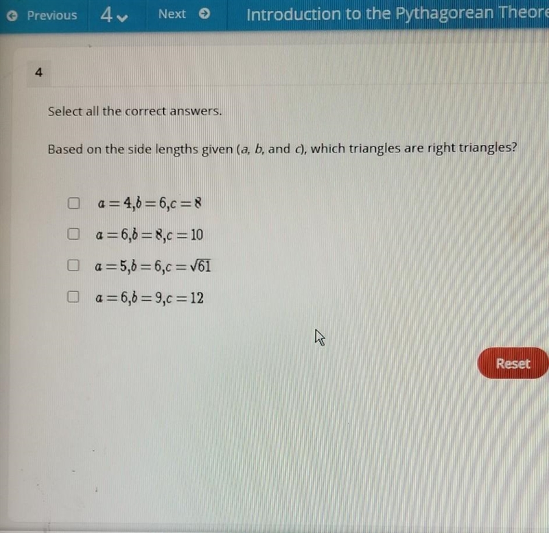 Based on the side lengths given (a, b, and o, which triangles are right triangles-example-1