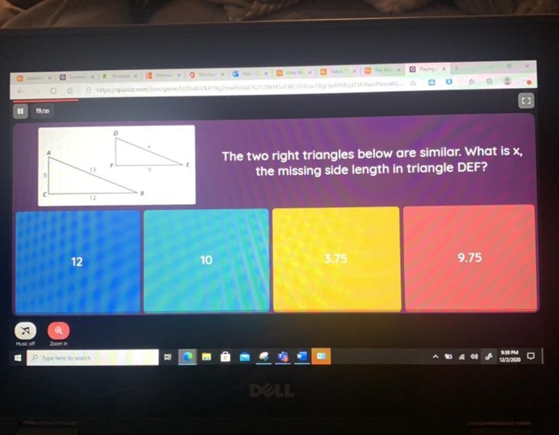 The two right triangles below are similar. What is x, the missing side length in triangle-example-1