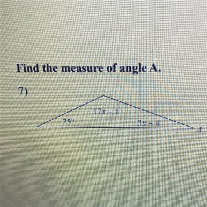 Find the measure of angle A. This is for my math class, and I’ve been stuck on this-example-1