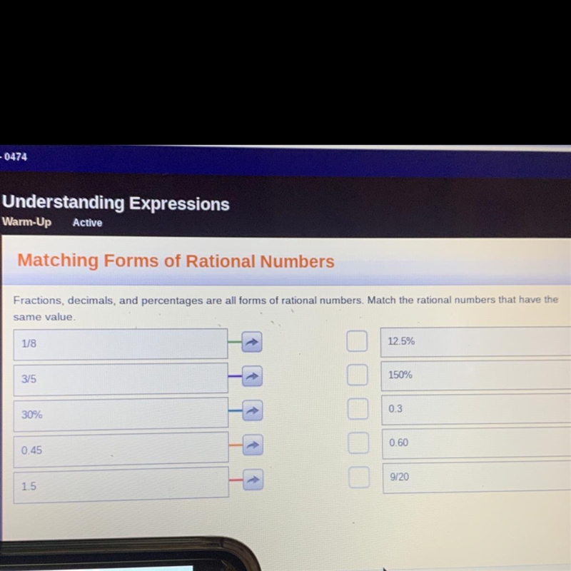 Please help:(( Matching Forms of Rational Numbers Fractions, decimals, and percentages-example-1