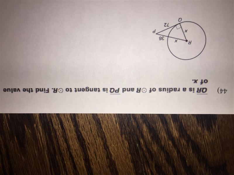 QR is a radius of r and PQ is tangent to r. Find the value of x. Please help me!! I-example-1