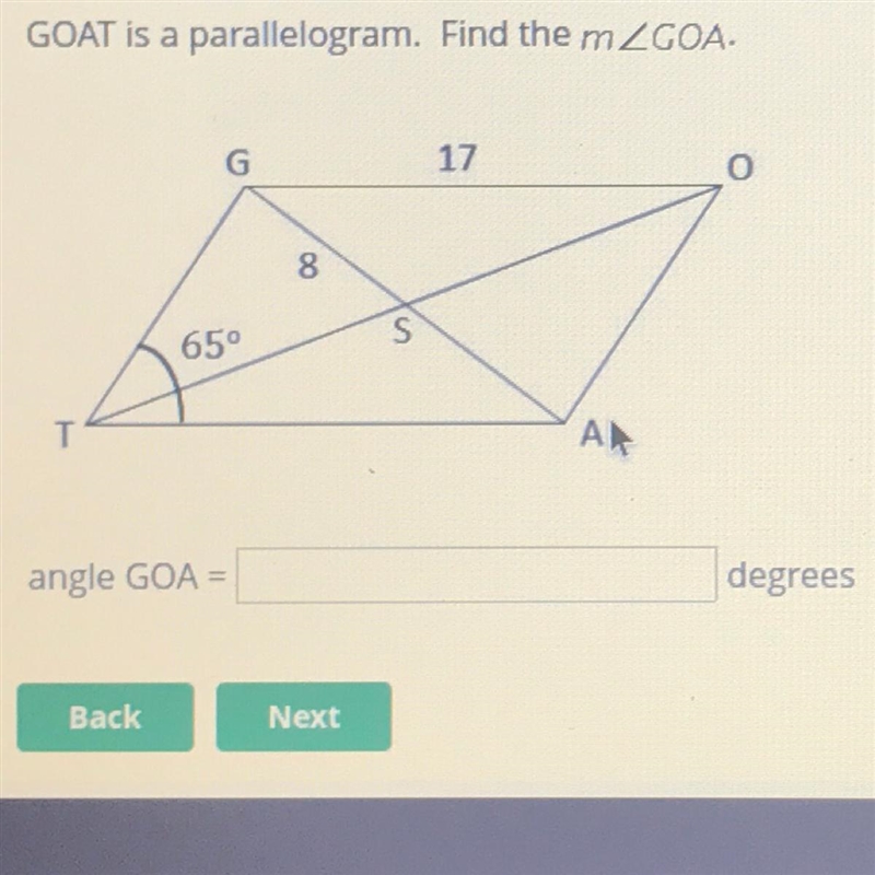 GOAT is a parallelogram. Find the m-example-1