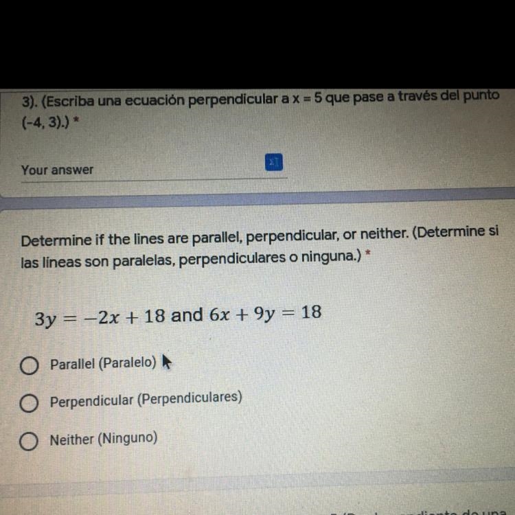 Determine if the lines are parallel, perpendicular, or neither. 3y = -2x + 18 and-example-1