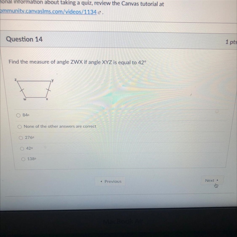 Find the measure of angle ZWX if angle XYZ is equal to 42° w-example-1