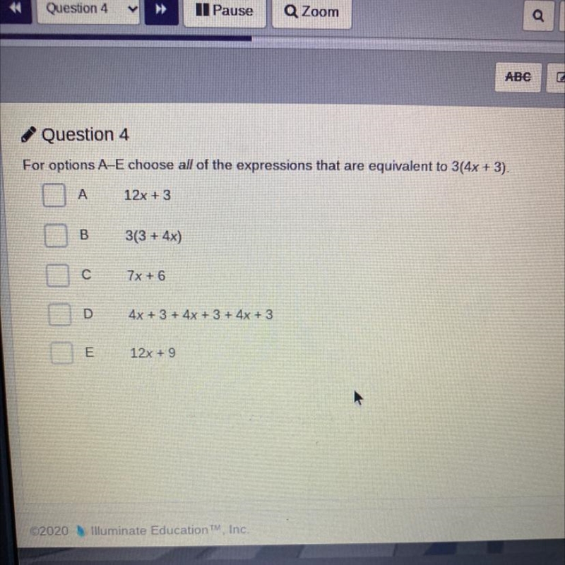 What expressions are equivalent to 3(4x+3)?-example-1